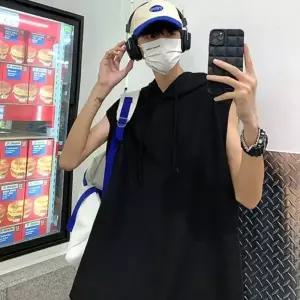 남성 여름 루즈핏 민소매 와플 편하고 부드러운 후드 나시 티셔츠