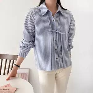 [신세계라이브쇼핑][옷자락] 여자 스트라이프 핀턱 카라넥 리본 봄남방 면 셔츠