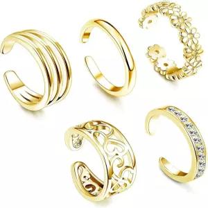 여성용 PYALXDN 5개 충전 토링 변색 방지 조절 가능 꽃 Cz 다인티 여름 해변 오픈 세트 주얼리 풋 골드