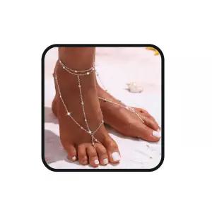 알소 2PCS 보호 비즈 발 체인 레이어드 맨발 샌들 여성용 여름 비치 발목 체인(실버)