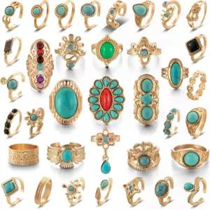믹스비 30-36개 빈티지 크리스탈 터쿼이즈 링 세트 골드 너클 여성용 보헤미안 스태킹 조인트 레트로 보호