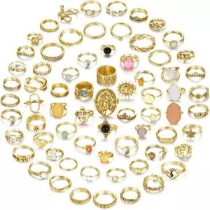 수비세토 70개 빈티지 크리스탈 링 세트 너클 여성용 보헤미안 스태킹 조인트 레트로 보호 핑거 팩