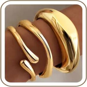 골드 기프트 청키 뱅글 여성용 팔찌 14K 도금 빅 스태커블 커프 세트 앙증맞은 두꺼운 돔 티어드롭