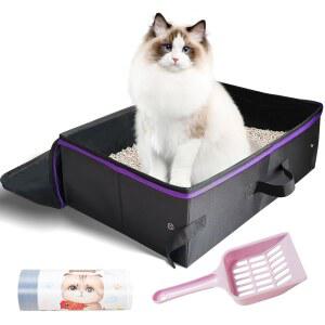 20x14x6 5인치, 지퍼 뚜껑과 10개의 라이너가 있는 대형 휴대용 고양이 여행용 쓰레기통, 누수 방지, 경량, 견고함 및 방수 기능과 접이식 여행용 고양이 쓰레기통 호텔, 자동차, 캠핑용 고양이 쓰레기통
