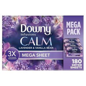 Downy Calm 메가 드라이어 시트, 세탁용 대형 섬유 유연제 시트, 정전기 방지 및 부드러움 향상, 세탁 건조기 및 원단 시트, 180개