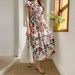 [유야]여성 플라워 패턴 오프숄더 반팔 롱원피스 -EOP0603- 여름