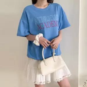 여자 캐주얼 레터링 컬러 자수 오버핏 반팔 맨투맨