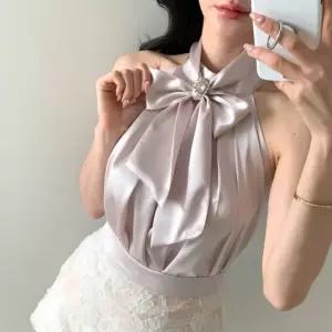 [다잇템] 여자 슬리브리스 롱타이 리본 새틴 블라우스