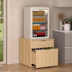 Aruood 수납 공간이 있는 미니 냉장고 스탠드, 나무가 있는 소형 냉장고 스탠드, 기숙사, 아파트, 사무실, 침실용 서랍이 있는 미니 냉장고 테이블, 136 1kg 300파운드 지탱, 라이트 오크