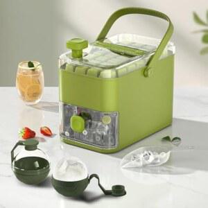 뚜껑과 통이 있는 컴팩트 이중 레이어 아이스 큐브 트레이, 원클릭 디몰딩, 휴대용 손잡이가 있는 풀아웃 아이스 서랍, 대형 아이스 볼 몰드 2개 그린