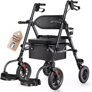 시니어용 스트롤에이드 워커 2 in 1 롤레이터 휠체어 콤보 10 빅 휠 시트 포함 브레이크 접이식 롤링 이송