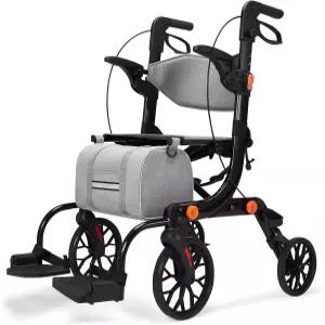 시트 및 트랜스포트 휠체어 콤보가 장착된 시니어용 2-in-1 워커 올터레인 롤링 브레이크 수납 파우치가