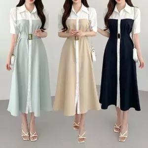여성 클래식 배색 벨트 셔츠 원피스 LDN-20250144