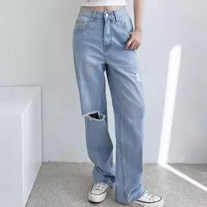 빅사이즈 여자 데일리 와이드 레그 찢청 데님 팬츠 (HSJ-WFC119A)
