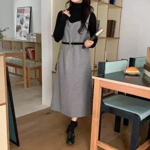 [옷자락]여자 폴라 니트 울 뷔스티에 벨트 원피스 세트