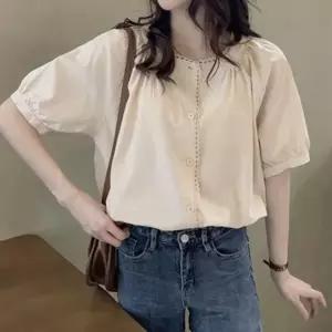 ( )여름블라우스 상의 반팔블라우스 데일리 하객 블라우스 오피스룩 여성 우아한 반팔 베이지 여름