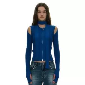 매장정품 파르티멘토 PARTIMENTO WOMEN 컷 아웃 타이넥 니트 집업 가디건_블루 PW24SK-12BL 688411