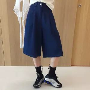 고고싱 하이웨스트 뒷밴딩 핀턱 포켓 진청 흑청 와이드 7부 버뮤다 데님 청바지 (2color)