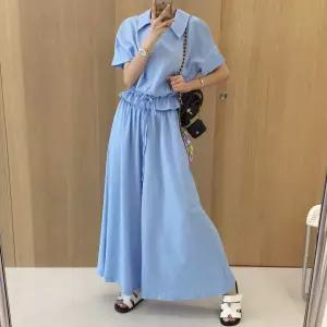 힐링 슬릿카라 세미크롭 반팔 밴딩 하이웨스트 와이드팬츠 링클프리 플리츠 투피스세트 (4color)