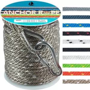 3/8인치 50피트 앵커 로프 보트 솔리드 브레이드 MFP 316 스테인리스 스틸 골무 및 스냅 후크가 있는 라인