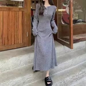 [SBD] 플레어 니트 슬림핏 단추포인트 간절기 롱원피스 골지