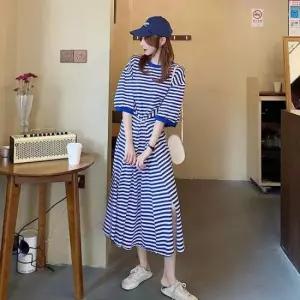 베이직스타일 여름 라운드 단가라 5부 루즈핏 트임 롱원피스 2컬러