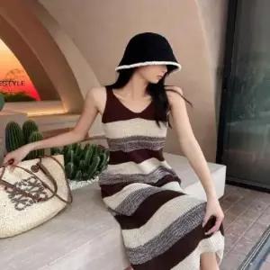 스트라이프원피스 여성 여름 간절기 이너 민소매 배색 니트 롱원피스