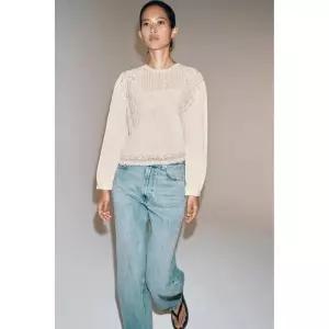 ZARA ZW 컬렉션 자수 셔츠 - 미디움 크림 6895/047/715 146324