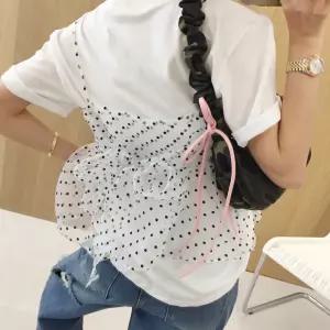 미미도트 배색 땡땡이 오간자 시스루 리본매듭 레이어드 크롭 뷔스티에 탑 (2color)