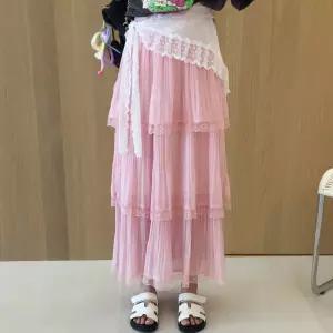 티아모 하이웨스트 레이스 쉬폰 플리츠 캉캉 A라인 밴딩 롱 스커트 (5color)