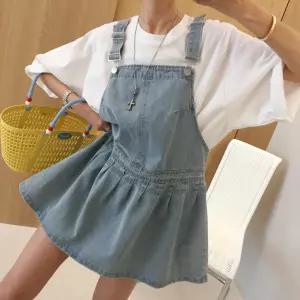큐티걸 진청 연청 데님 워싱 플레어 A라인 멜빵 미니원피스 (2color)