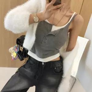 미니버튼 배색 레이어드 골지스판 크롭 끈 민소매 캡 브라렛 탑 (3color)