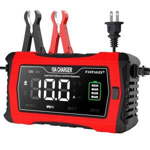 FASTAGEI 리튬 /LiFePO4 / 납축 배터리 충전기 스마트 배터리 트리클 충전기 12V / 24V 10A / 5A 자동차 배터리 유지보수기 탈황기 온도 보상 자동차 트럭 모터사이클 잔디 깎는 기계 해양 RV