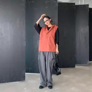 여자 라운드넥 고프 윈드브레이크 민소매 아노락 후드 반집업