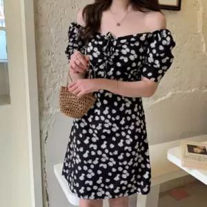 여성 퍼프 소매 오프숄더 연출 미니원피스