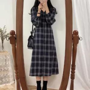 체크 롱원피스 브이넥 단추 긴팔 데일리룩 캐주얼