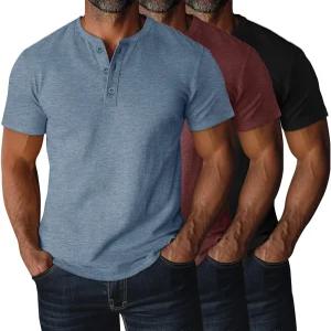 Ficerd 3팩 남성 빅 앤 톨 헨리 티셔츠 반팔 플러스 사이즈 티 루즈 캐주얼 셔츠 베이직 오버사이즈 상의