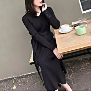 브이넥 니트 롱원피스 옆트임 허리벨트 슬림라인
