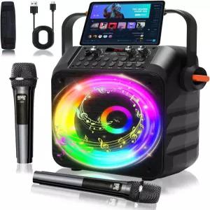 노래방 기계 2개의 무선 충전식 마이크가 있는 휴대용 시스템 60W PA 스피커 6.5인치 서브우퍼 TWS AUX USB