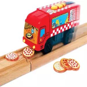 나무 트랙용 피트자 전동 열차 - 피자 테마 배터리 작동 기관차 마그네틱 조각 포함 전기 동력 엔진 Zany