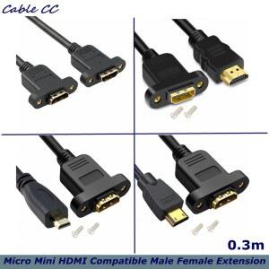 30cm 마이크로 HDMI 호환 남성-미니 여성 확장 커넥터 나사 잠금 패널 마운트 HD AV 카메라 케이블