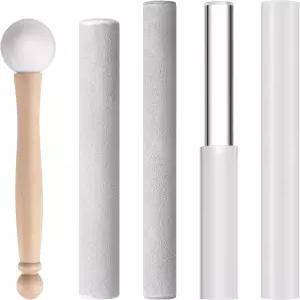 누안추 5개 크리스탈 싱잉볼 망치 세트에는 양가죽 솔리드 및 중공 사운드 스틱 고무 나무 손잡이 투명