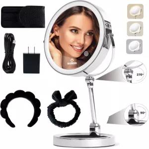 글로우든 스마트 9인치 LED 라이트 메이크업 미러 충전식 1배 /10배 확대 배니티 3가지 색상 조명 높이