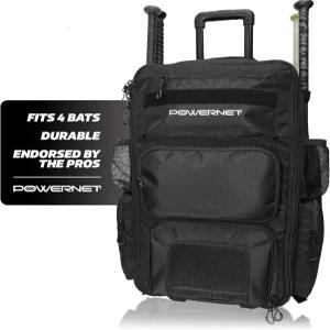 파워넷 오디세이 소프트볼 야구 가방 장비용 롤링 백팩 배트 슬리브 4개 포함 클리트 수납공간 및 걸이