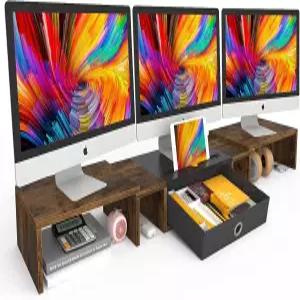 서랍이 있는 WESTREE 트리플 듀얼 모니터 스탠드 라이저 2~3개 초대형 조절 가능 휴대폰 및 태블릿용 솔트