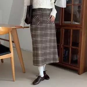 [하프클럽/]여자 투포켓 앞트임 체크 모직 롱 스커트