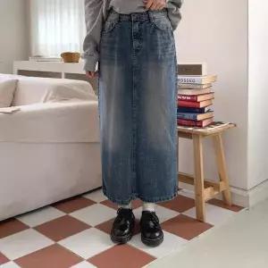 [하프클럽/]여자 빈티지 워싱 뒷트임 데님 롱스커트