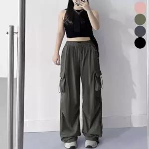 여름 바스락팬 스트링 카고바지 허리 와이드팬츠 여자 (HSJ-WFKBXHQ)