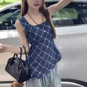 여성 여름 러블리 블루 체크 백트임 슬리브리스 블라우스