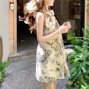 여성 여름 플라워 러블리 프린트 슬리브리스 미니 원피스